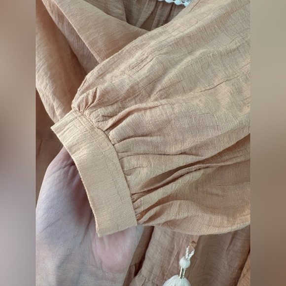 Zara Embroidered Bib Tassel Mini Dress in Tan Peach Size Large - Picture 16 of 16